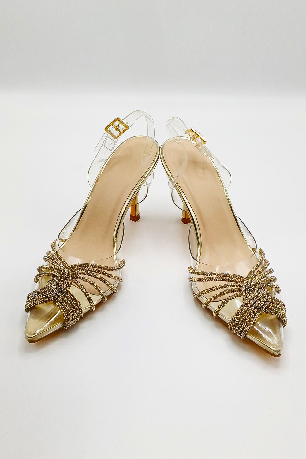 Liz Diamante Embellished Sling Back Perspex Court Shoes in Gold