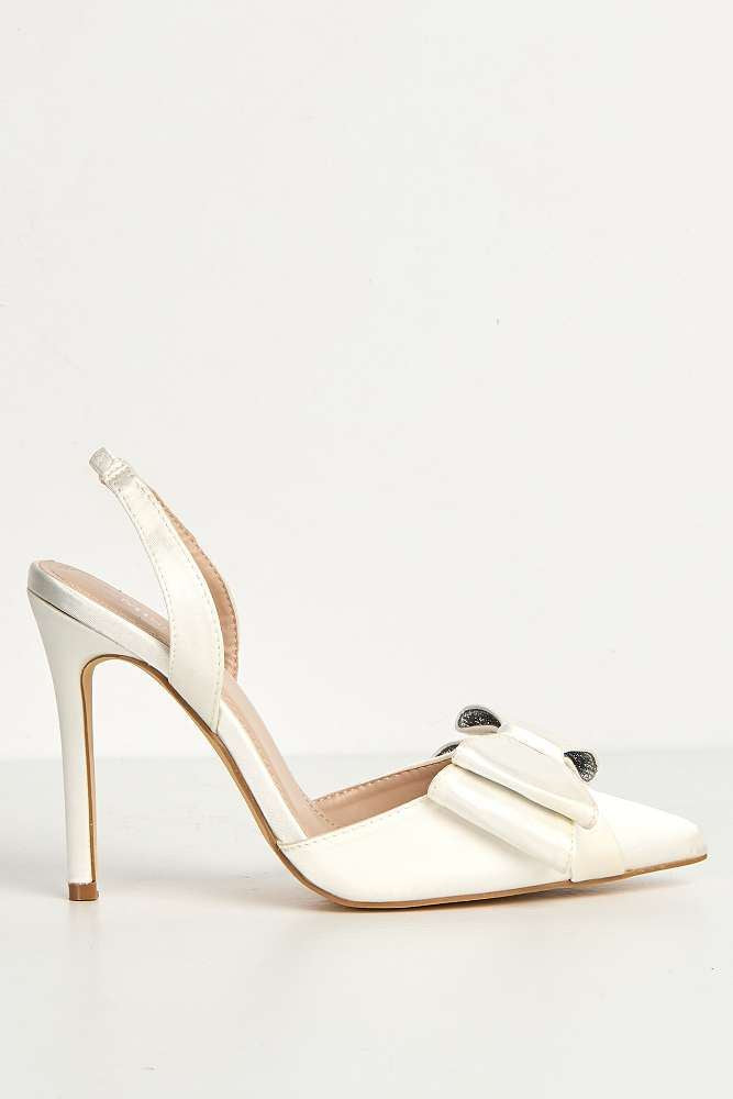 Salwa Pointy Toe Bow Slingback Court Shoes in White Satin