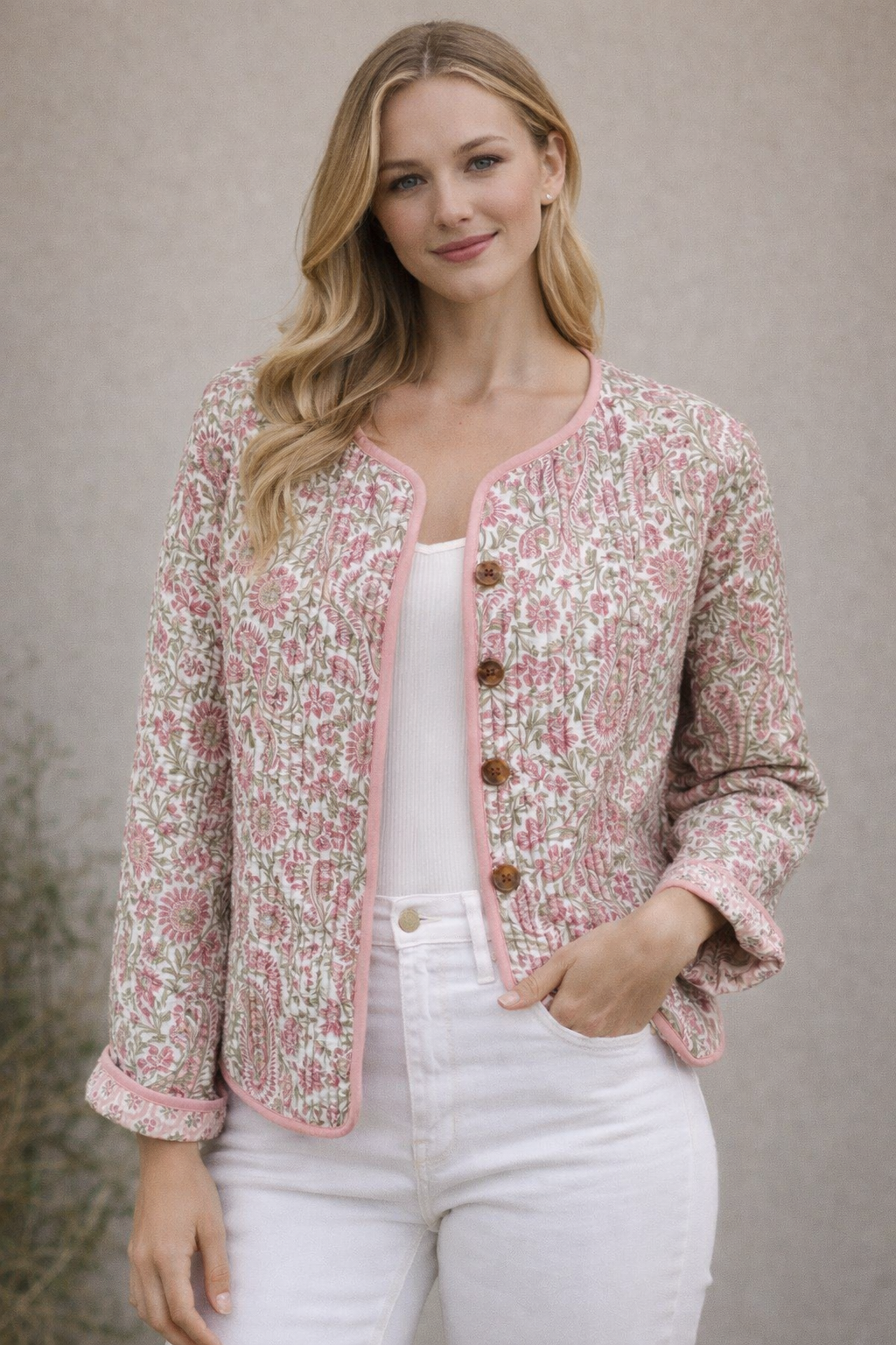 Soul Of Sita Pink/Green Floral Wood Block Printed Reversible Jacket With Wooden Buttons, 100% Cotton, Hand Printed By Amazingly Talented Artisans In Jaipur.