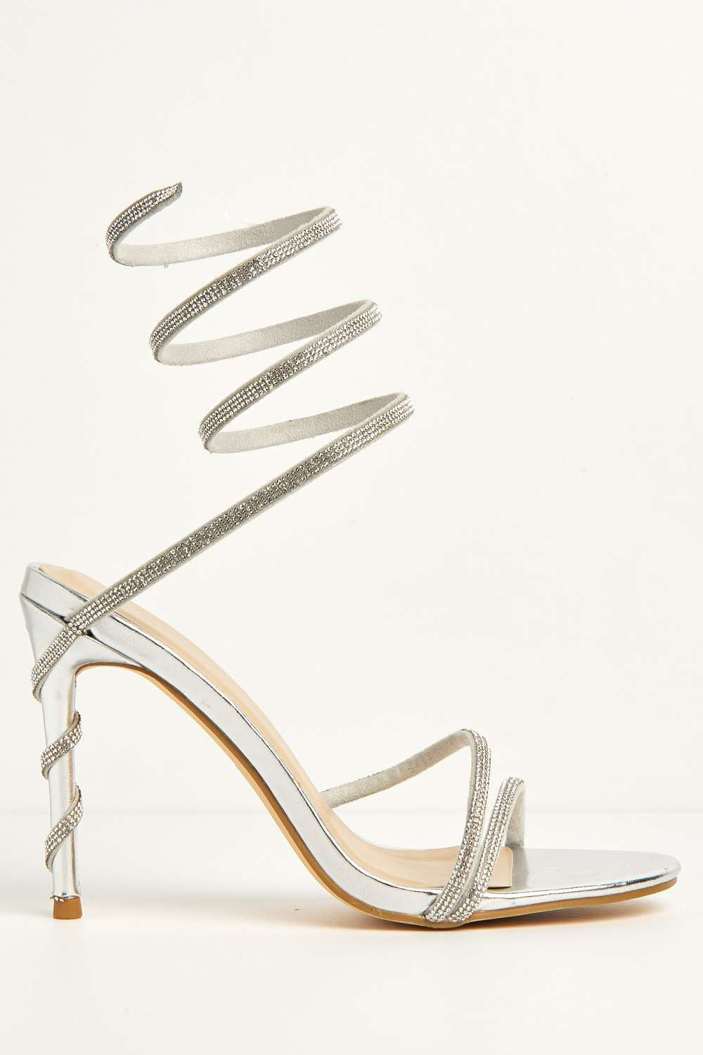 Miss Diva Curly Diamante Embellished Spiral Ankle Strap Sandals in Silver