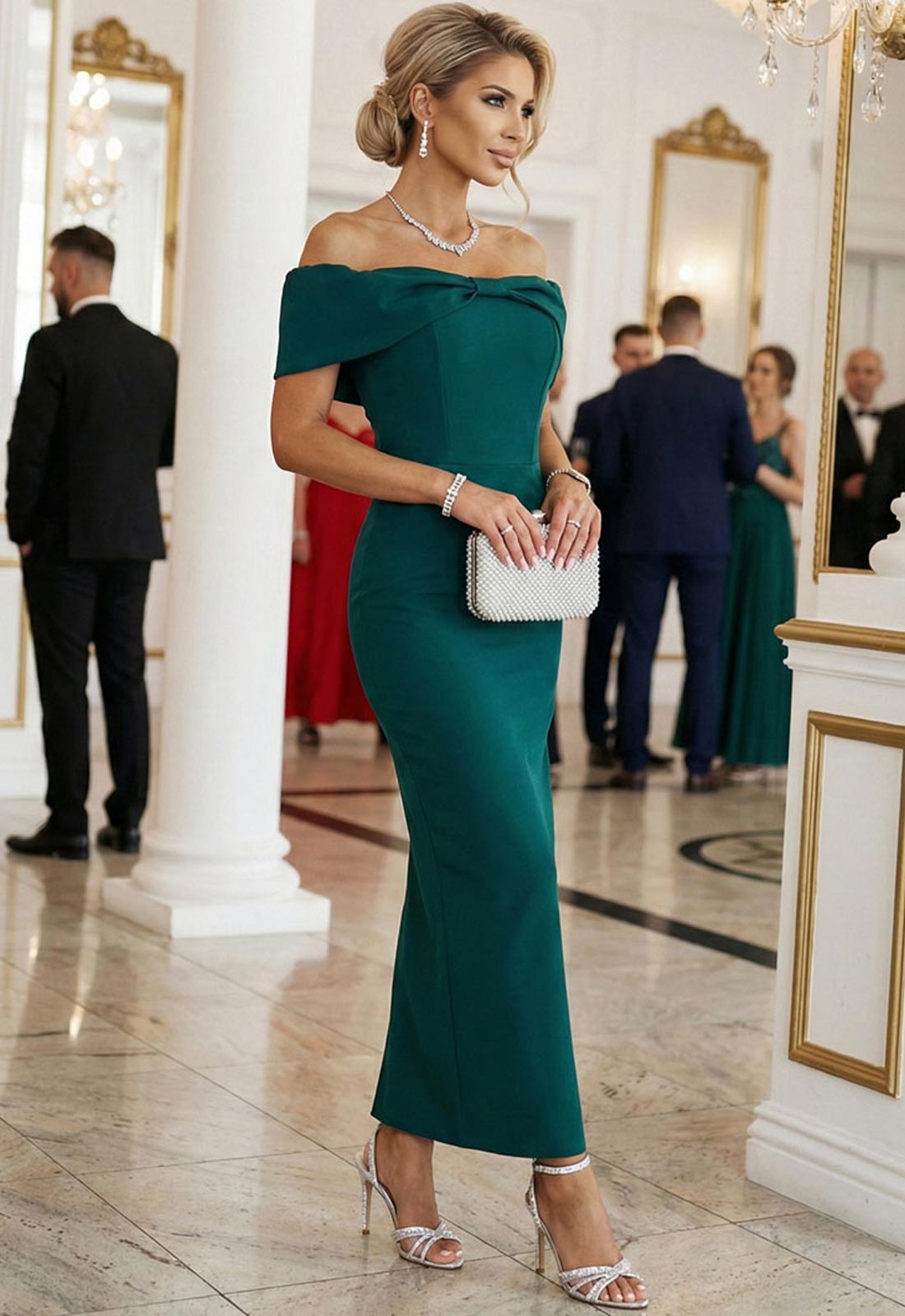 Woman in a green evening gown at a formal event