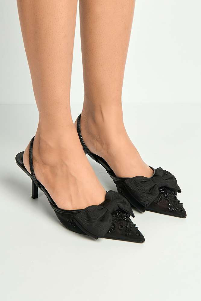 Seren Embellished Mesh and Bow Slingback Court Shoes in Black