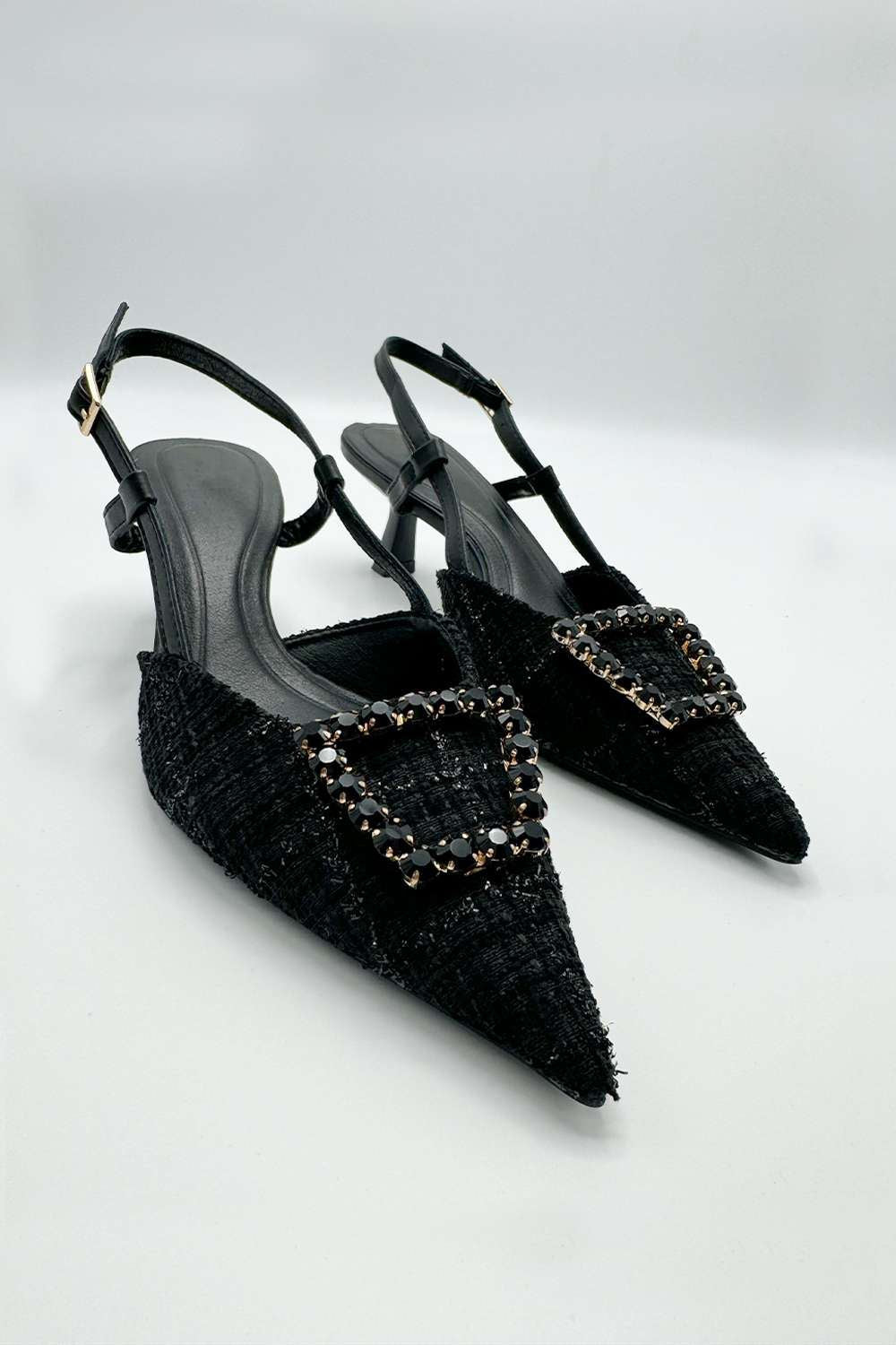 Miss Diva Black Clarrine Diamante Brooch Detail Pointed Toe Court Shoes