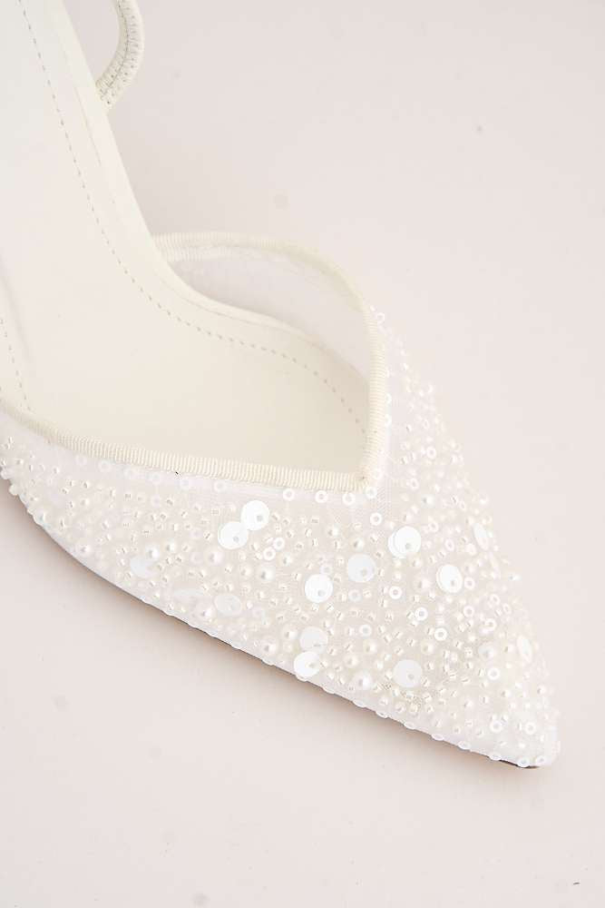 Jasmina Sequin & Bead Embellished Mesh Slingback Court Shoes in White