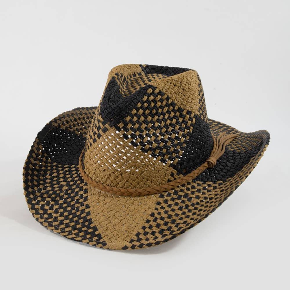 Soul Of Sita Two Tone Straw Braided Patches Cowboy Hat: Ka