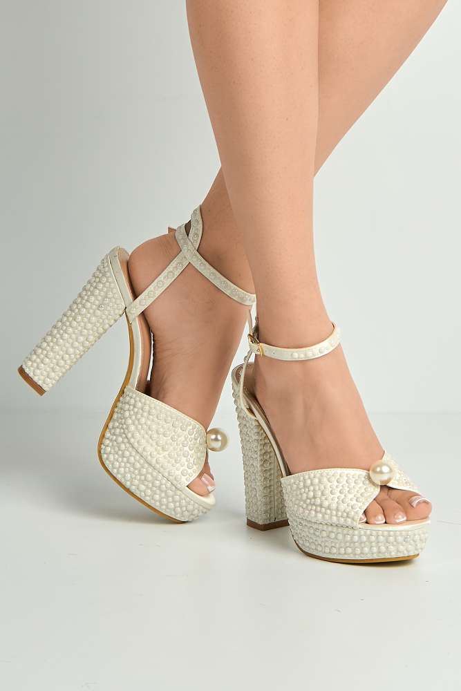 Amora Pearl Embellished Block Heel Anklestrap Sandals in White