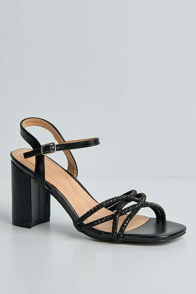 Indie Diamante Criss-Cross Strap Block Heel Sandals in Black