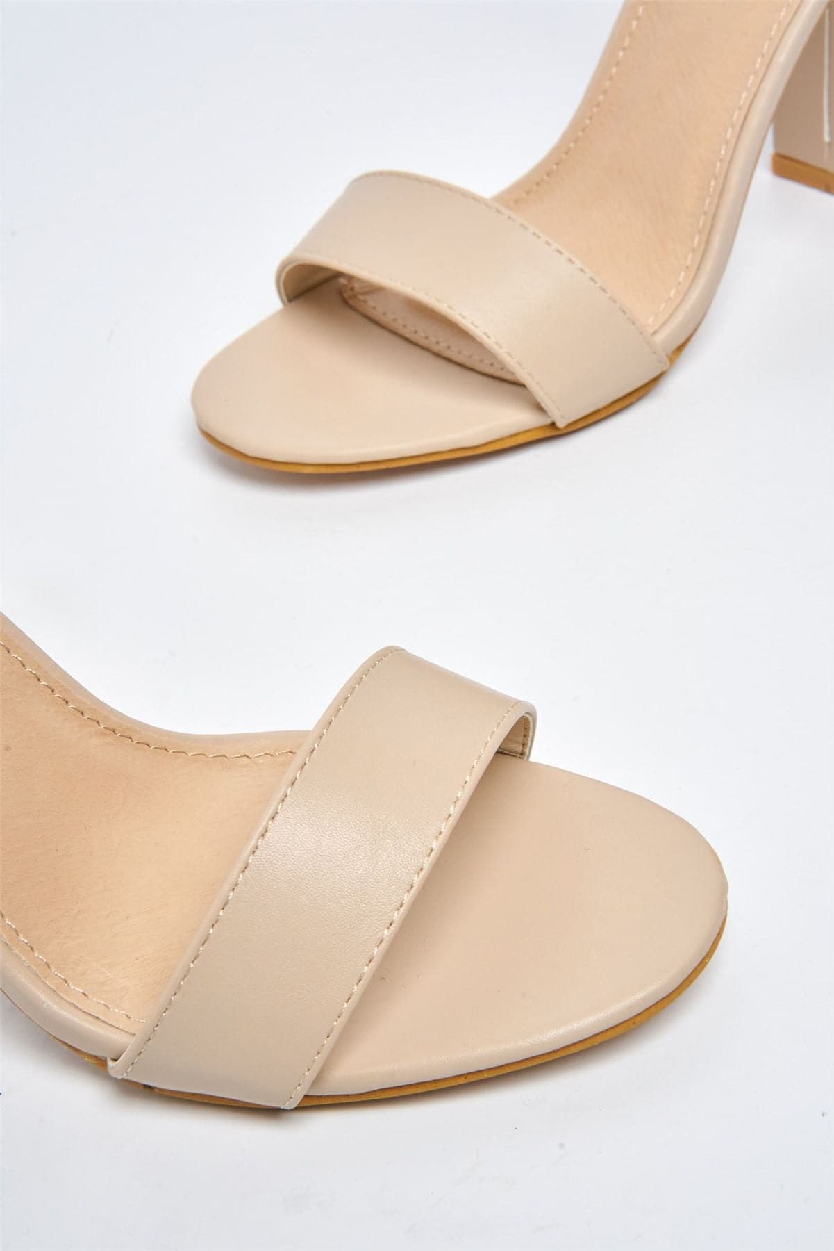 May Barely There Block Heel Ankle Strap Sandal in Nude PU Heels Miss Diva 
