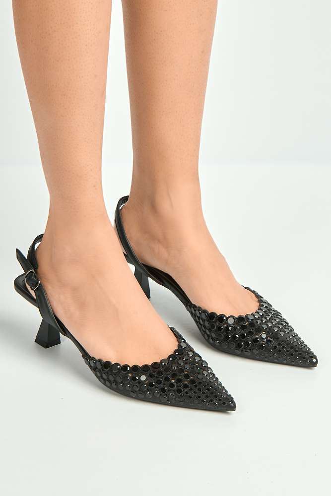 Giovanna Mirror Encrusted Slingback Court Shoes in Black