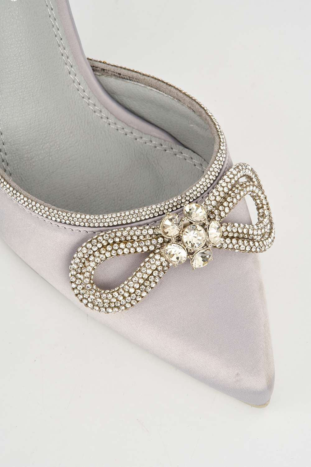 Miss Diva Natalie Pointed Toe Diamante Bow & Strap Court Shoe Heel in Silver