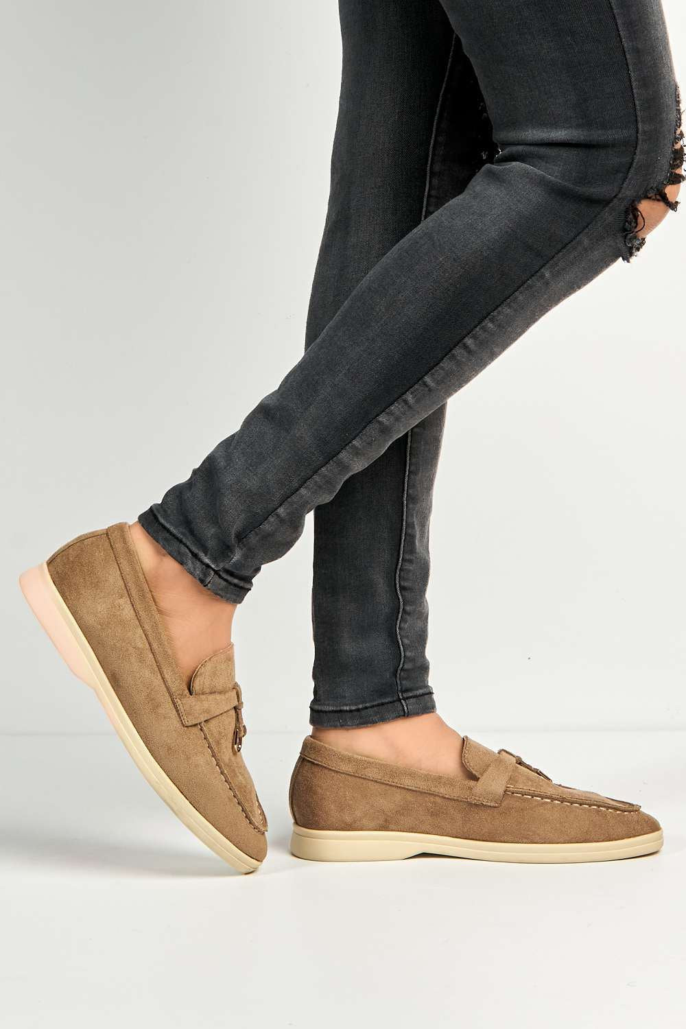 Miss Diva Taupe Tonya Charm Detail Slip-On Faux Suede Loafers