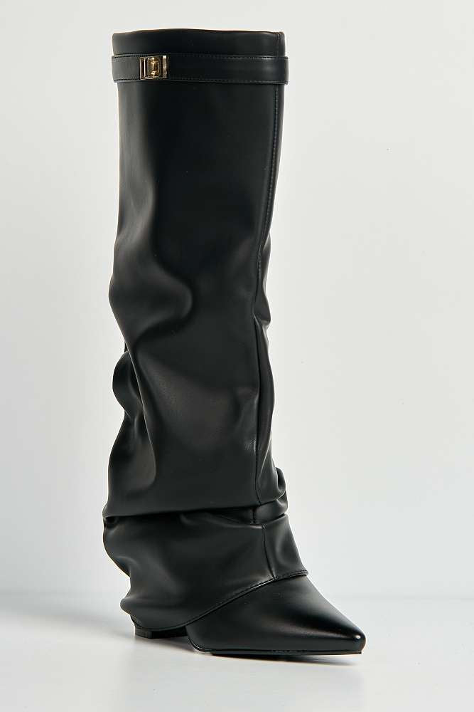 Miss Diva Black Izel Block Heel Pointy Toe Gold Trim Boots