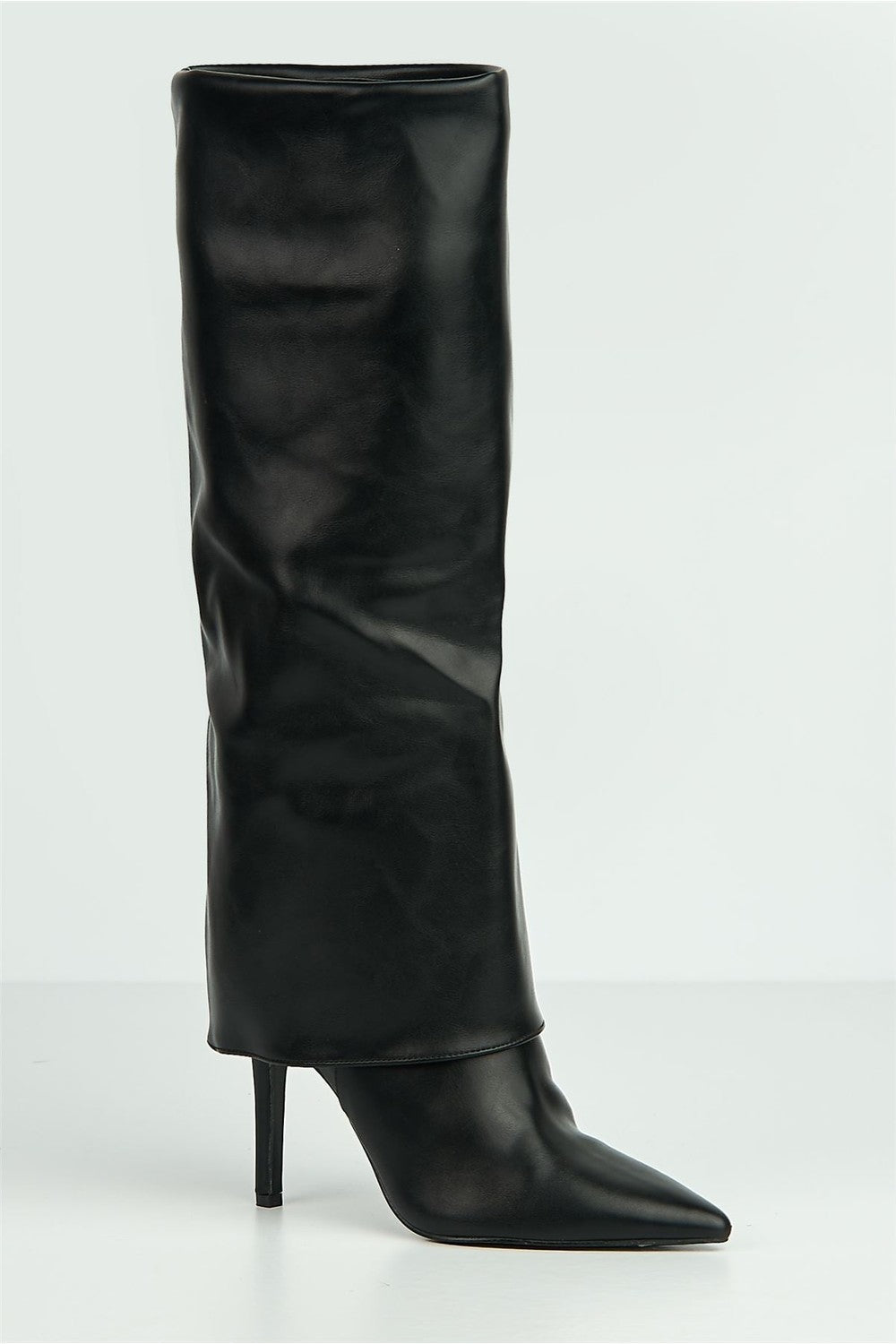 Beckett Pointed Toe Fold Over Stiletto Knee High Boots in Black