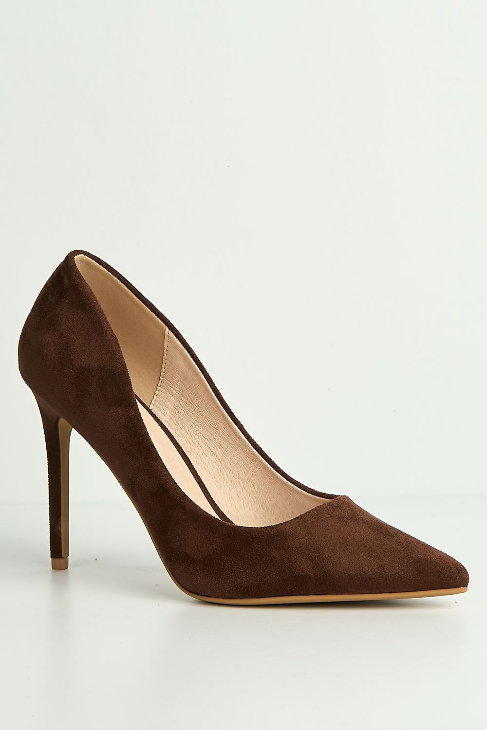 Miss Diva Chocolate Mila High Stiletto Faux Suede Heel Court Shoe