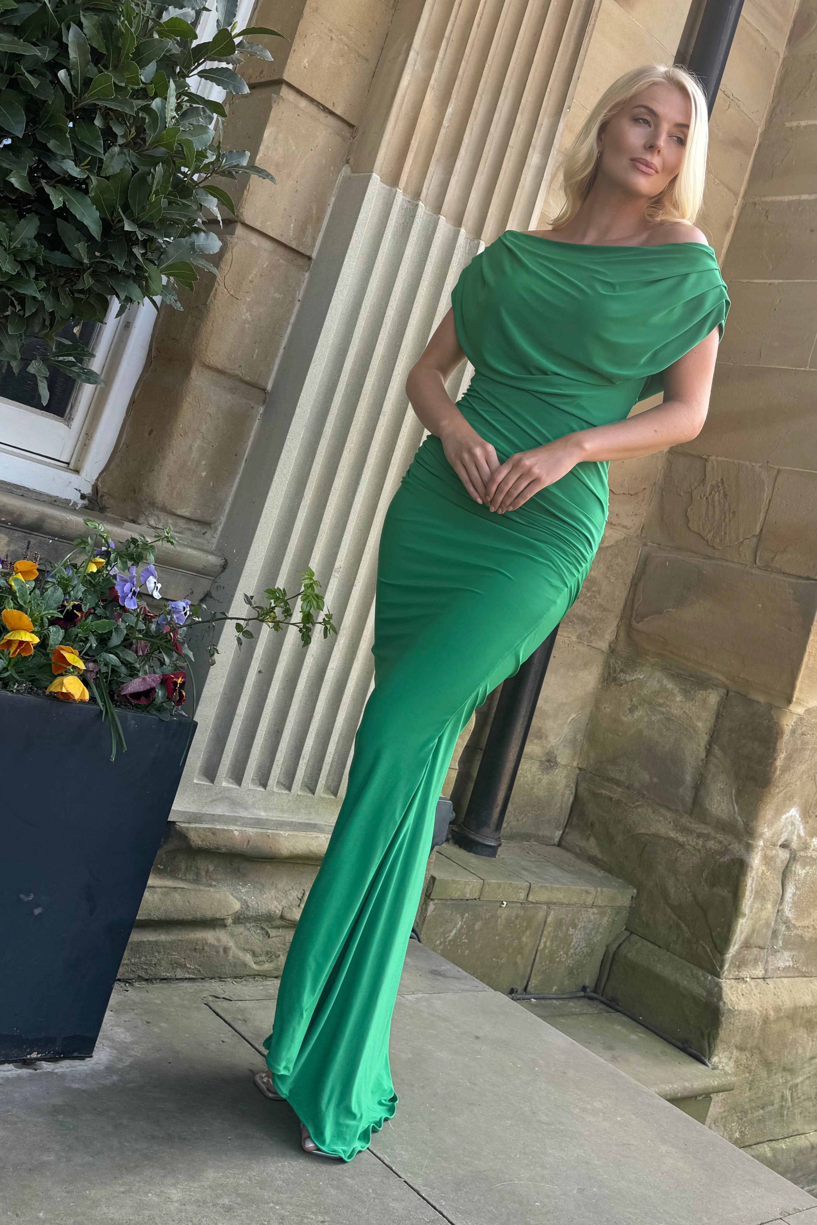 Platinum gown in emerald green