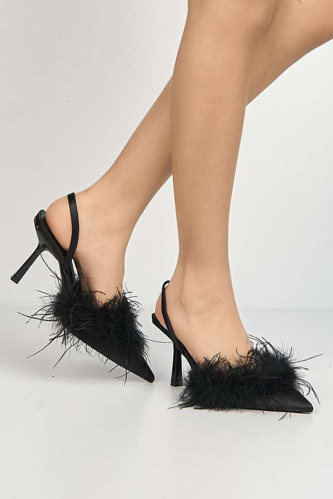 Aisla Pointed Toe Feather Slingback Court Shoes in Black