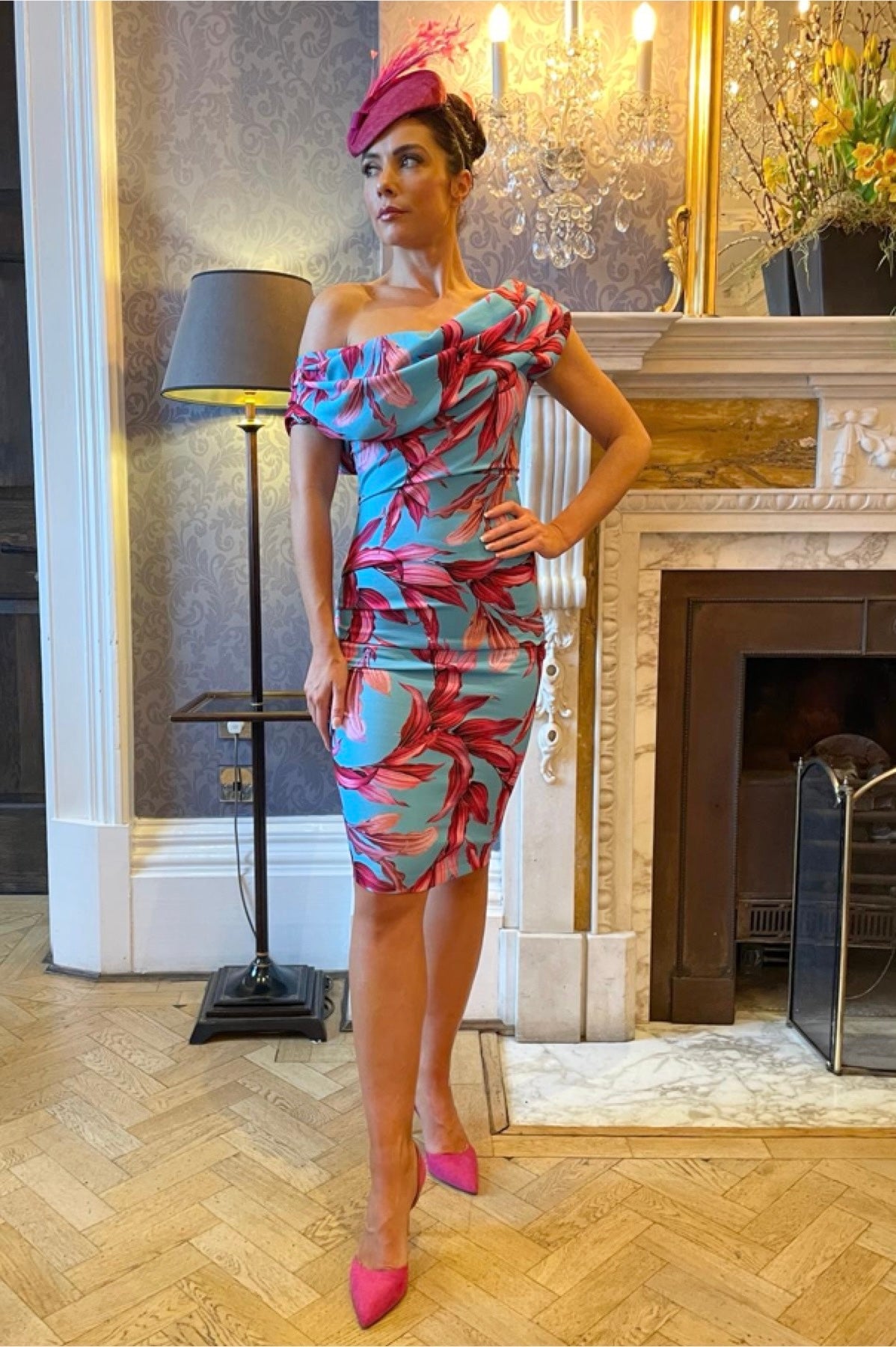 Atom Label Turquoise And Magenta Lily Print Chromium Dress