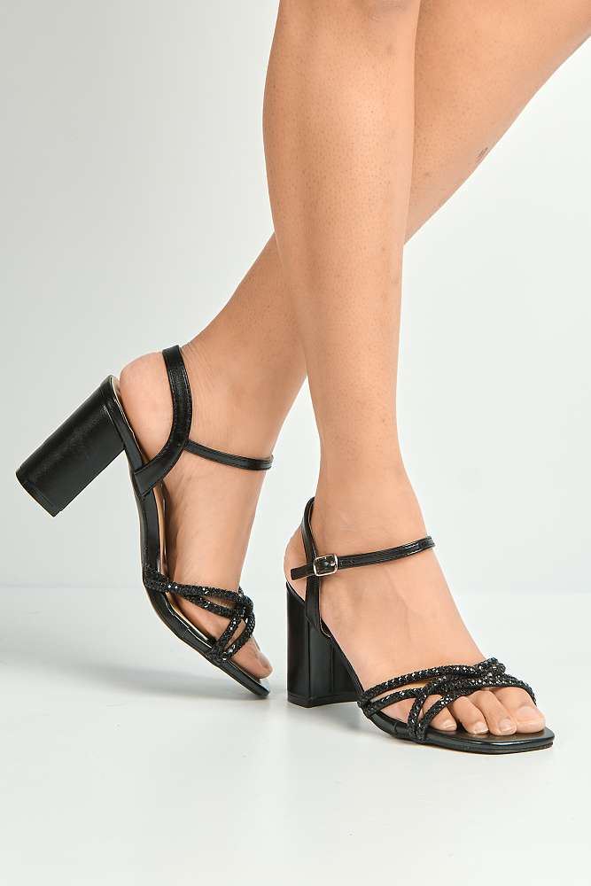 Indie Diamante Criss-Cross Strap Block Heel Sandals in Black