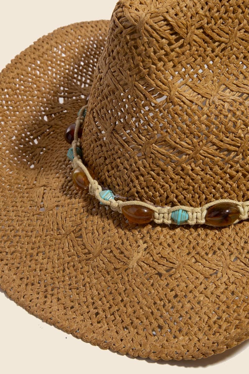 Soul Of Sita Mixed Beaded And Rope Western Fedora Straw Hat: Ka