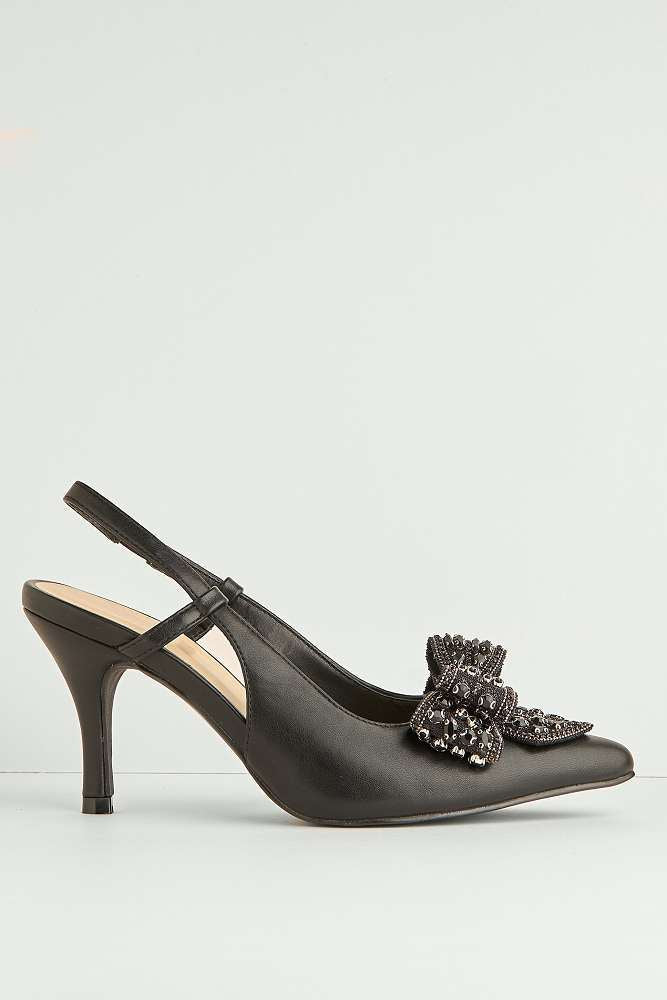 Celia Diamante Bow Pointed Toe Slingback Court Shoes in Black