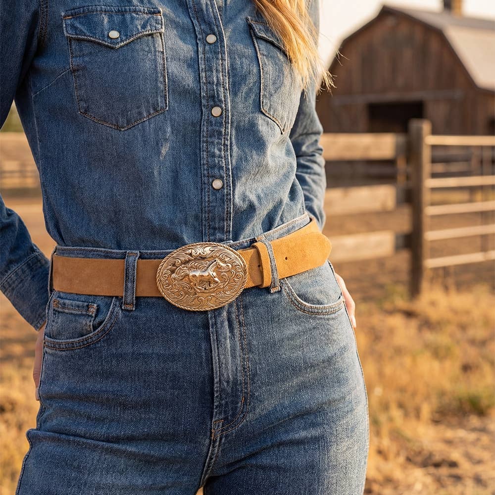Soul Of Sita Suede Large Western Horse Medallion Buckle Belt: Brown