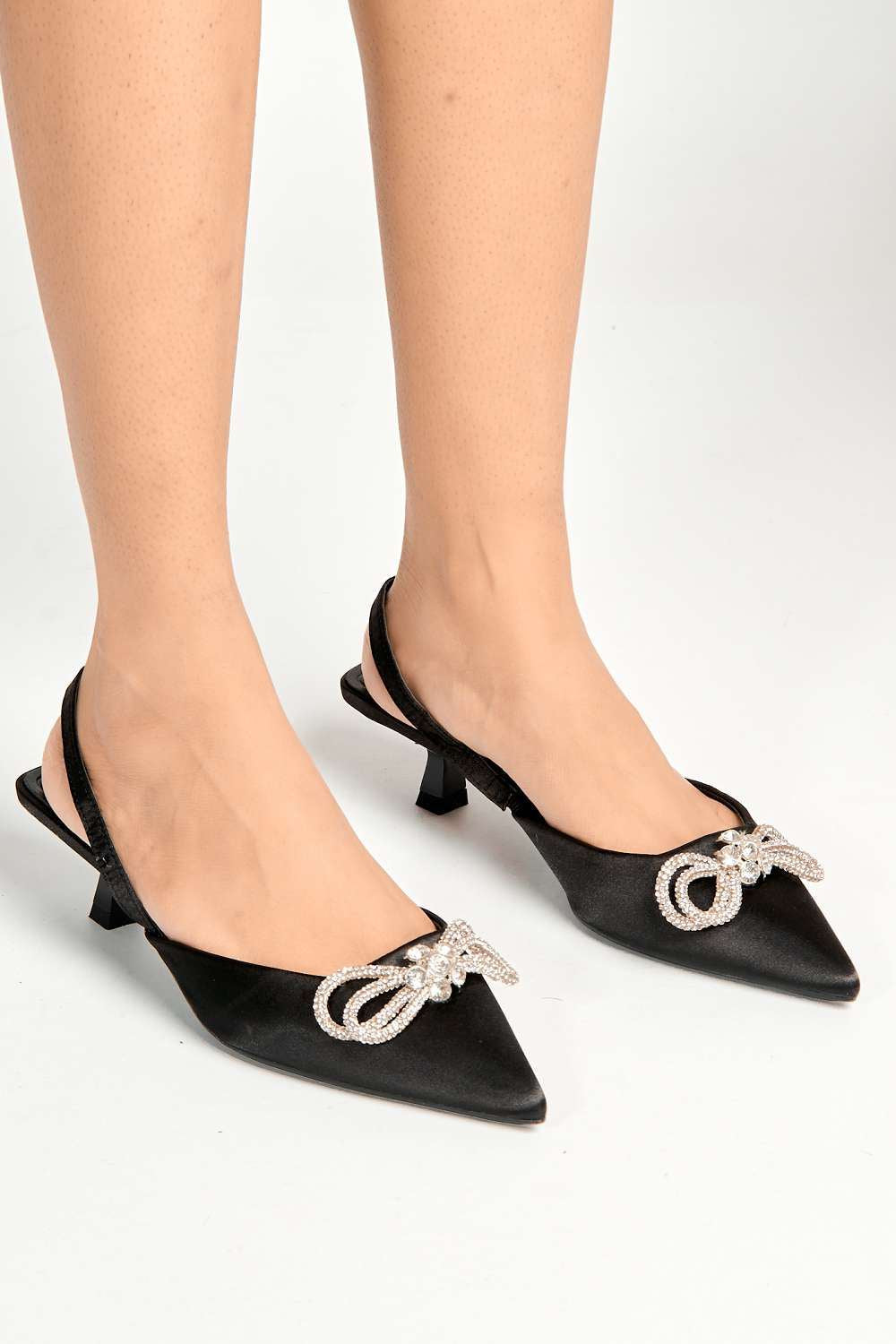 Nia Diamante Bow Detail Kitten Heel Court Shoes in Black