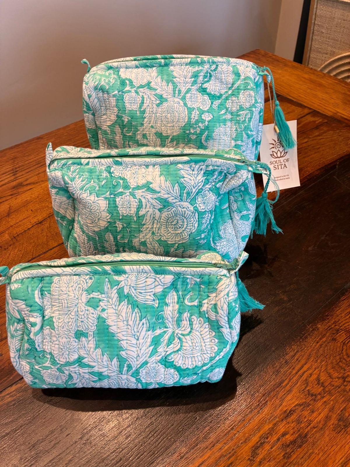 Soul Of Sita Woodblock Printed Mint Green Floral Quilted Makeup Bag