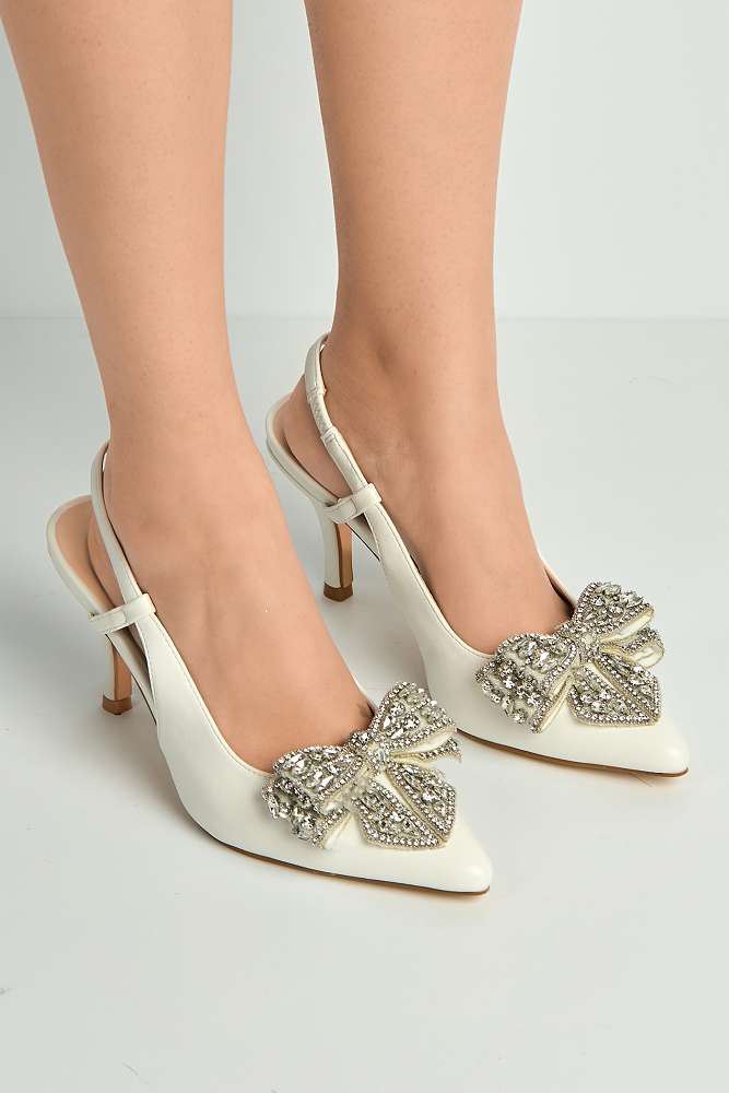 Celia Diamante Bow Pointed Toe Slingback Court Shoes in White