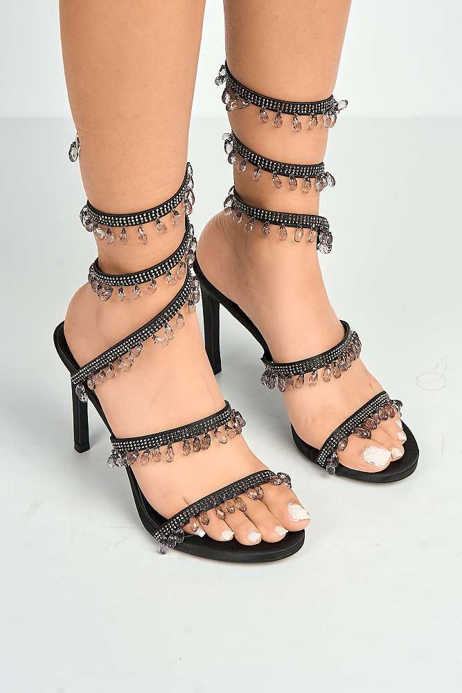 Annette Diamante & Crystal Droplets Embellished Heeled Sandals in Black