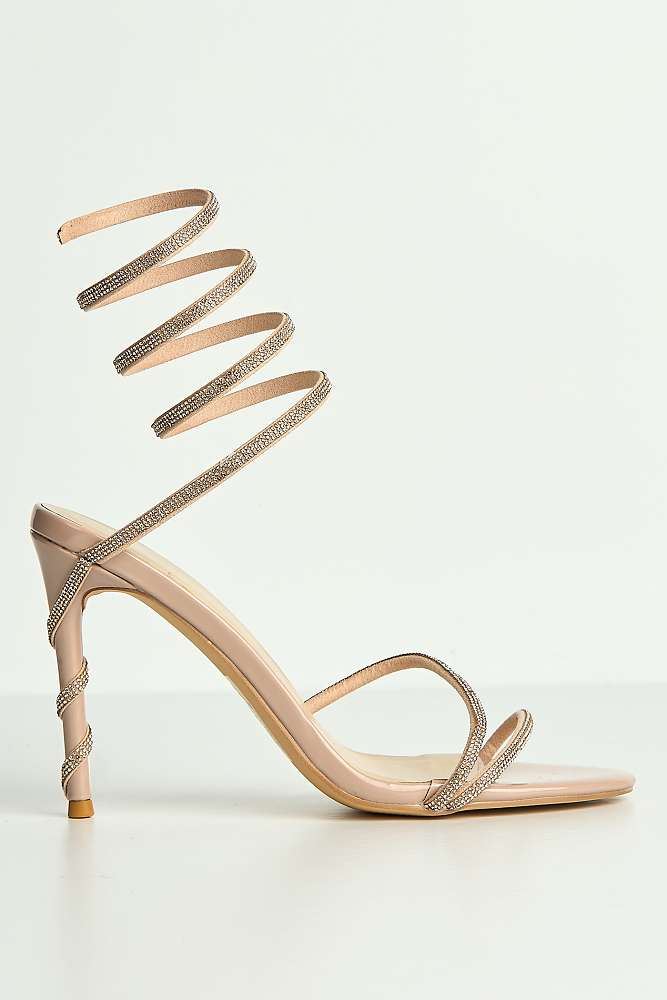 Miss Diva Nude Curly Diamante Embellished Spiral Ankle Strap Sandals