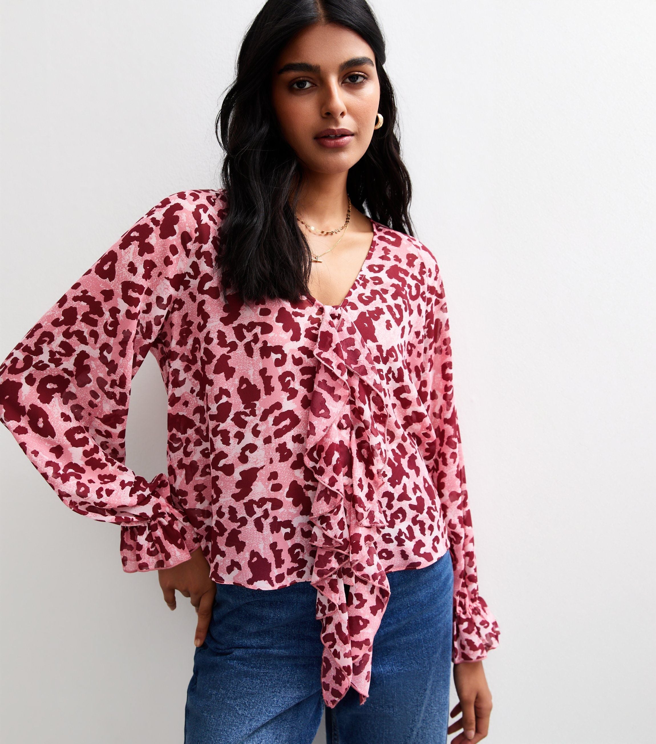 Gini London Pink Animal Print Chiffon Ruffle Blouse