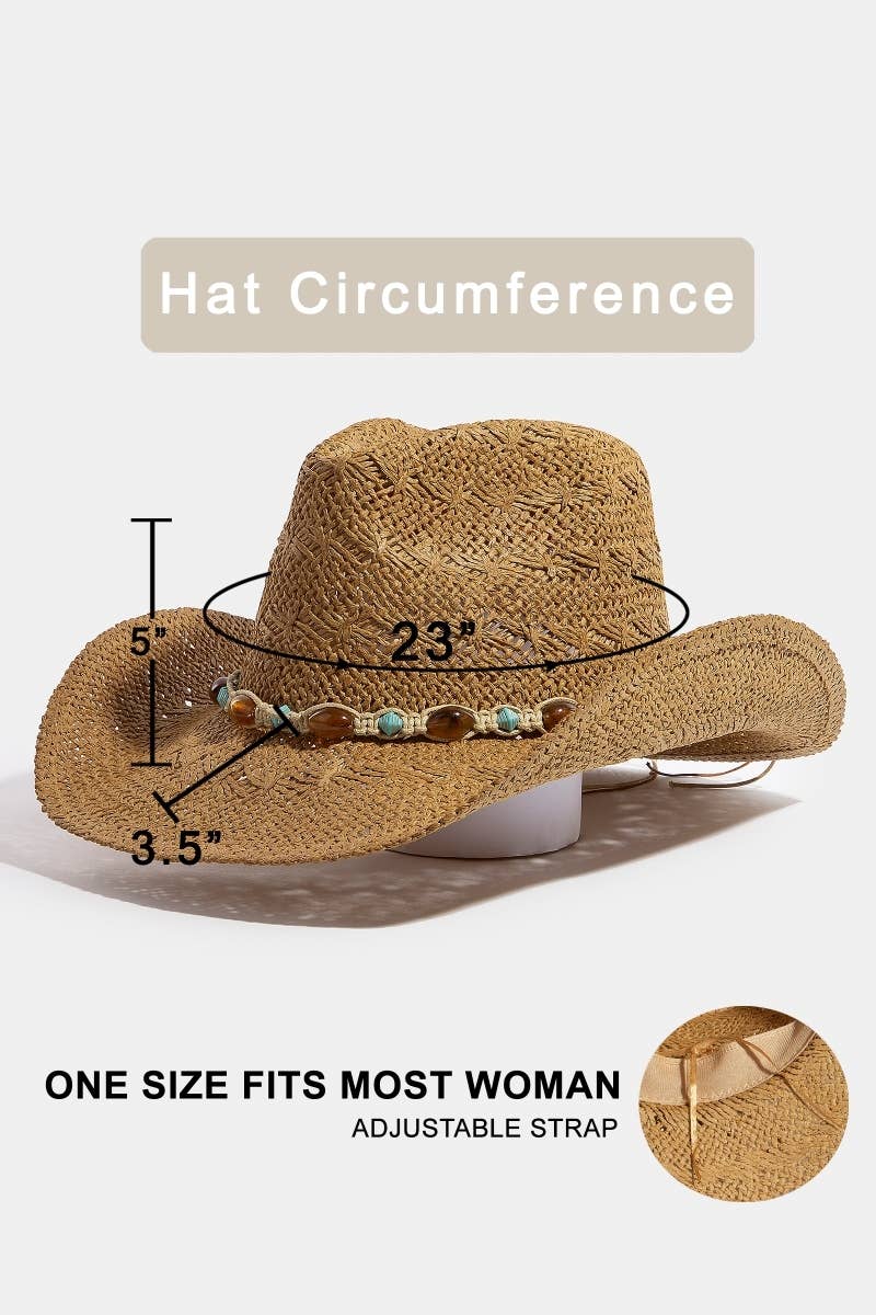 Soul Of Sita Mixed Beaded And Rope Western Fedora Straw Hat: Ka