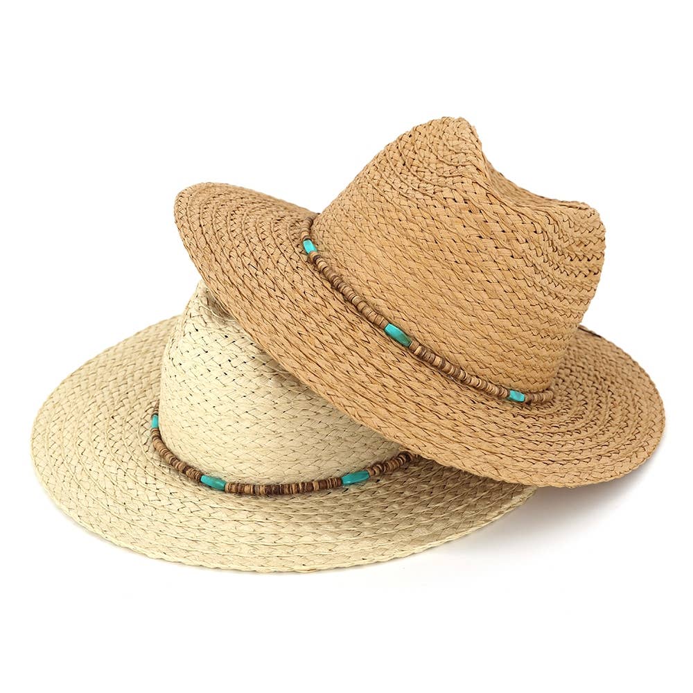 Soul Of Sita Turquoise Wood Bead Band Natural Straw Hat: Be