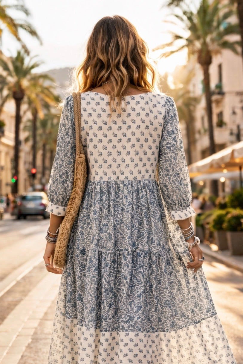 Soul Of Sita Ayla Ethic Blue And White Ditsy Floral Contrast Dress - 100% Cotton Voile