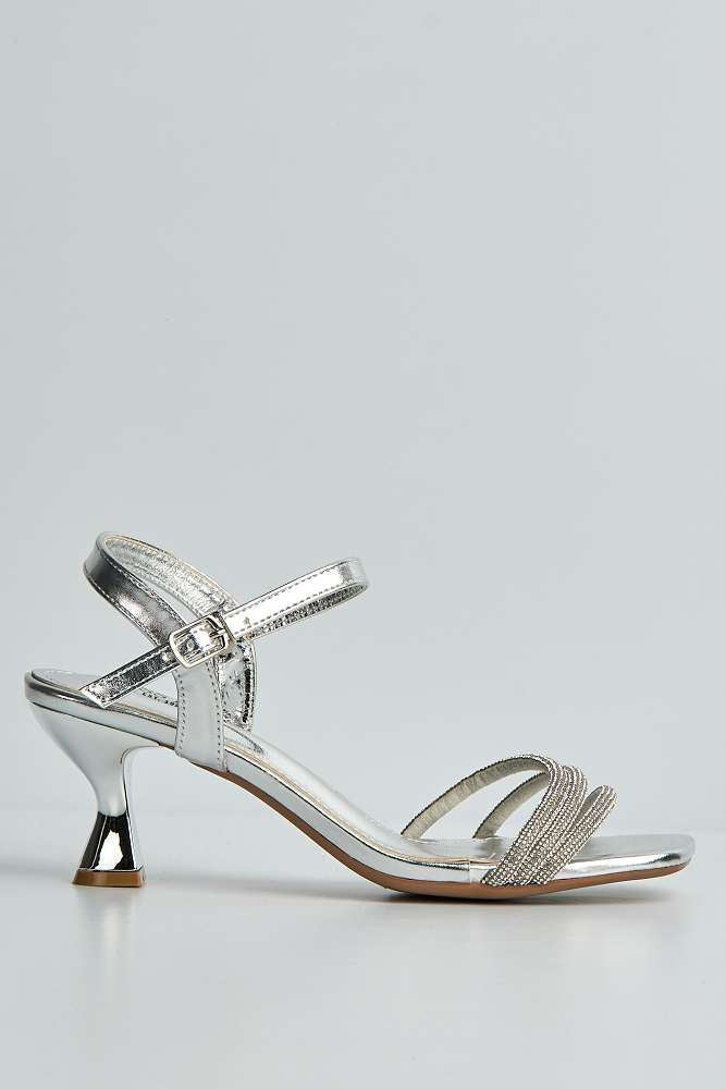 Mariella 3 Diamante Band Anklestrap Low Heeled Sandals in Silver