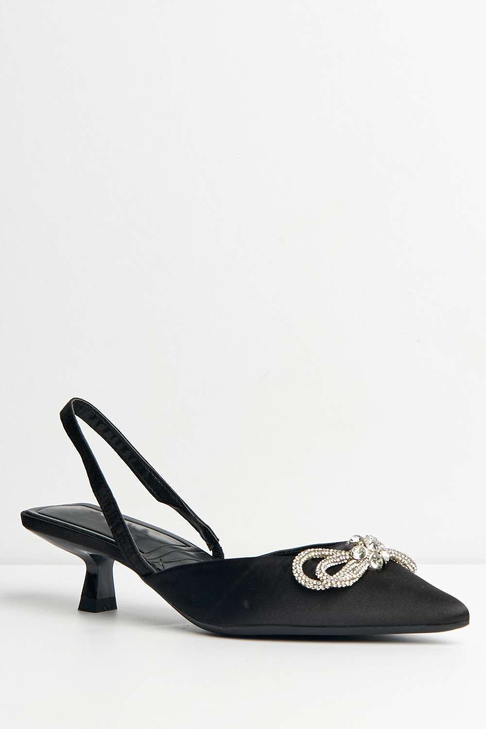 Nia Diamante Bow Detail Kitten Heel Court Shoes in Black