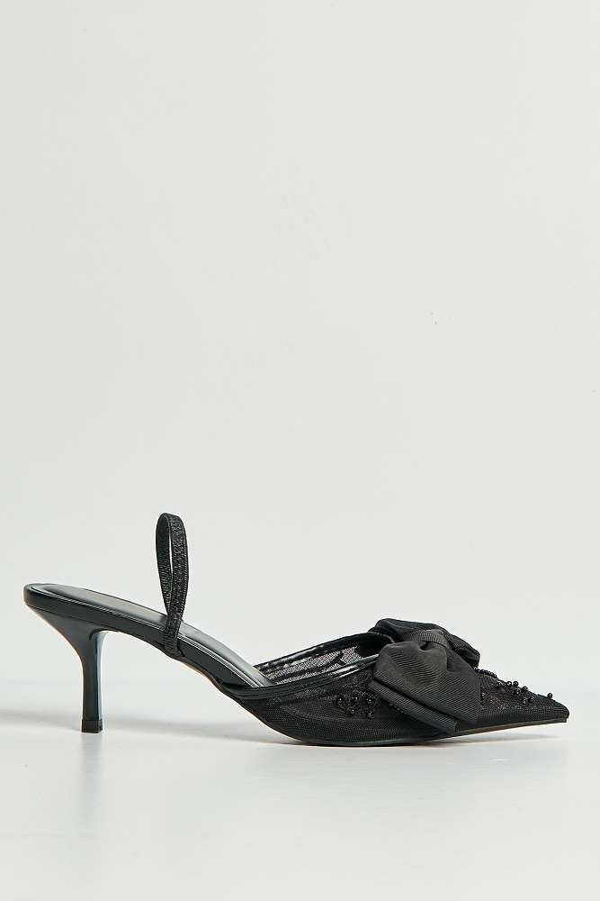 Seren Embellished Mesh and Bow Slingback Court Shoes in Black