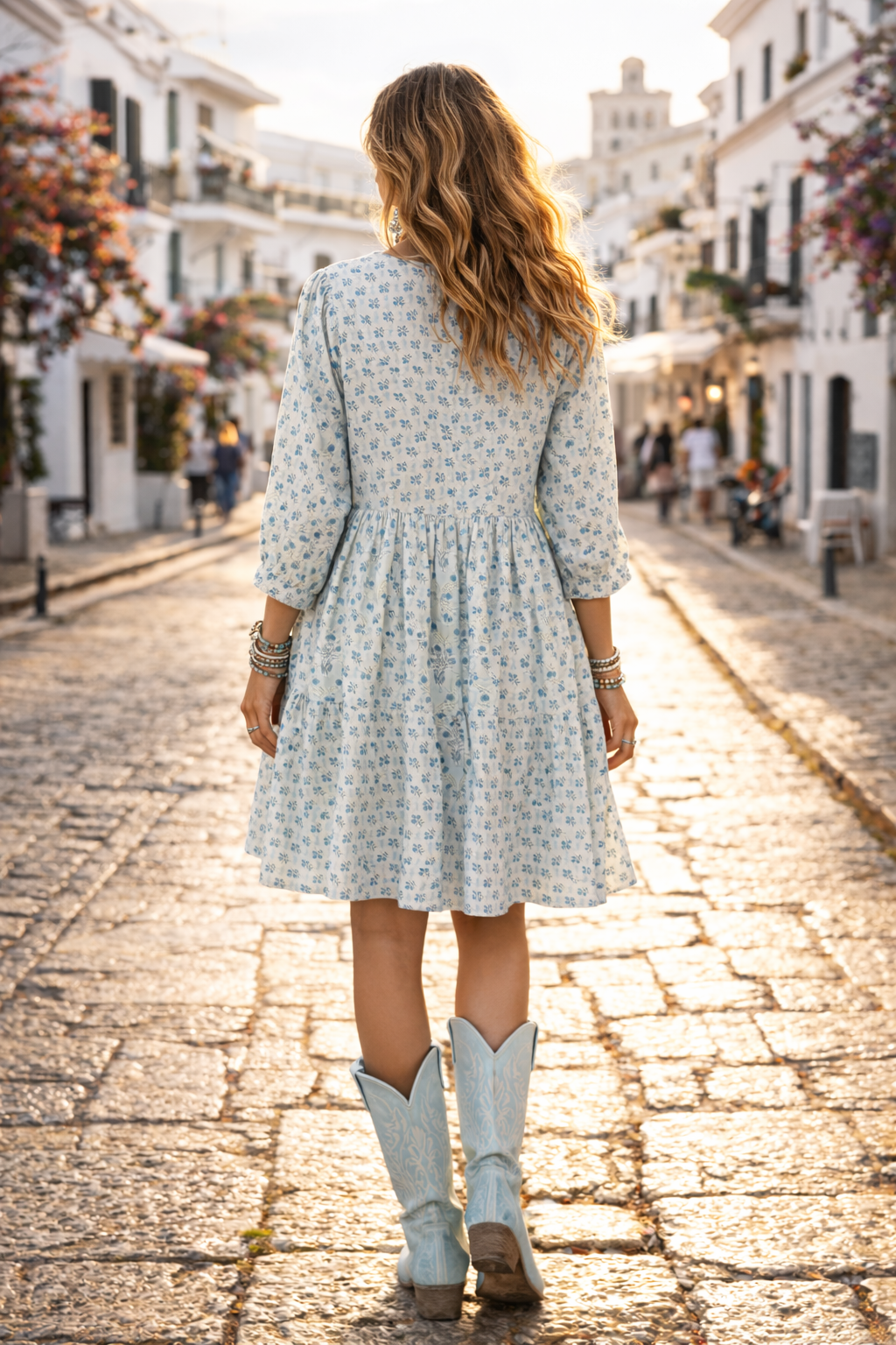 Soul Of Sita Ayla Ethnic Ditsy Floral 100% Cotton Voile Dress With Delicate Woodblock Printed Flowers In Blue On Blue