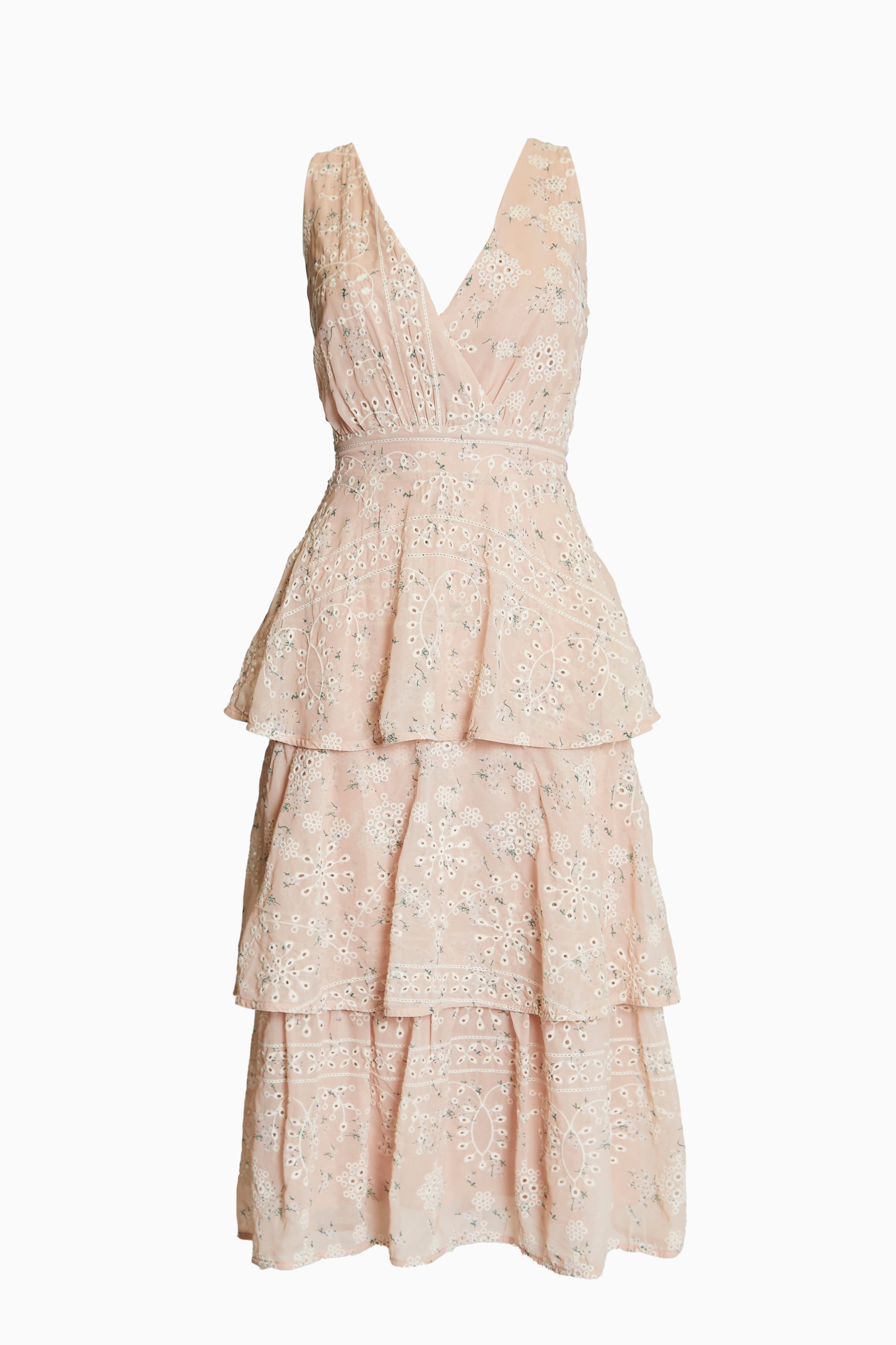 Clara Nude-Floral Broderie Bow Back Tiered Midi Dress-image-3