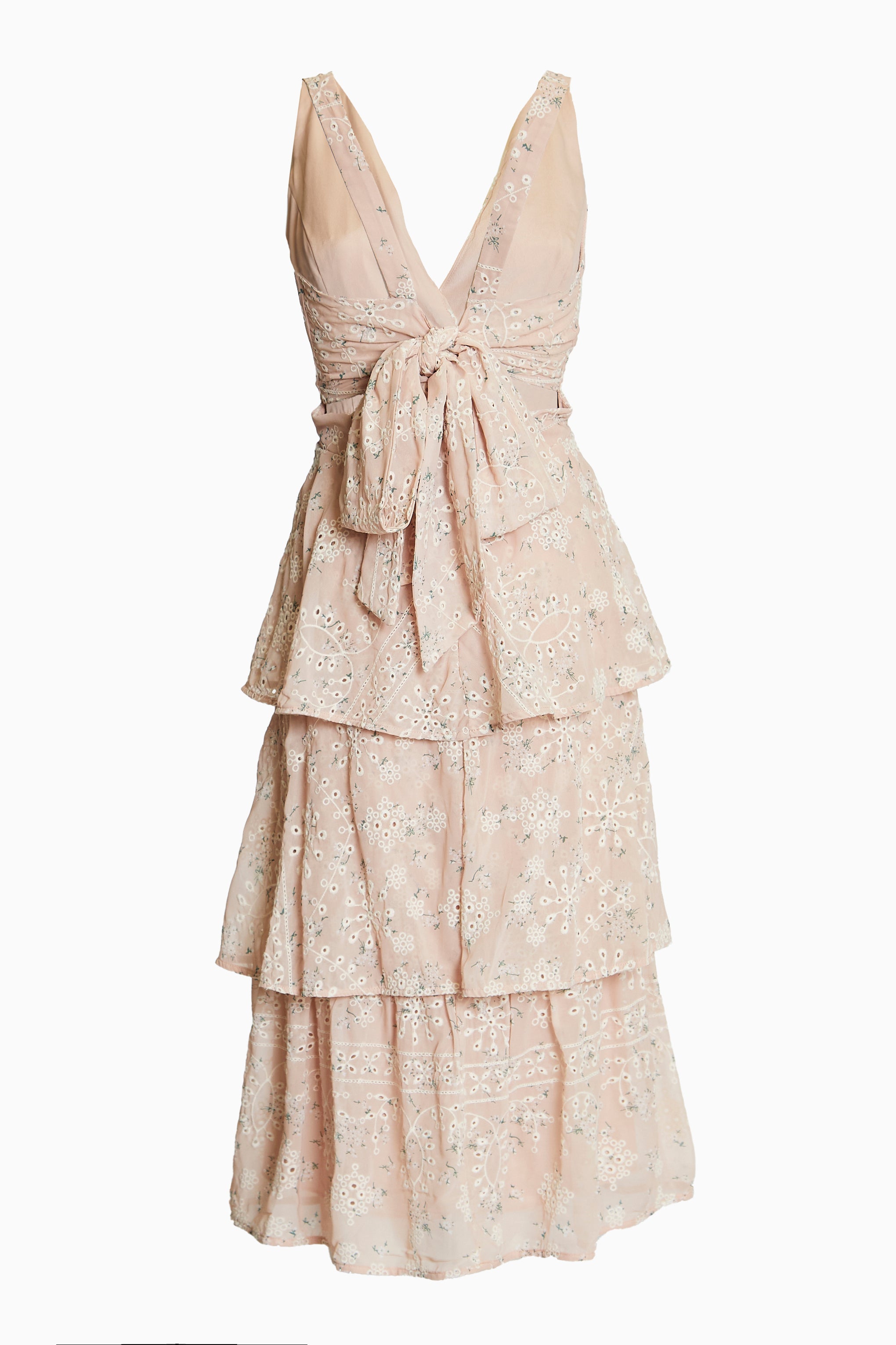 Clara Nude-Floral Broderie Bow Back Tiered Midi Dress-image-4