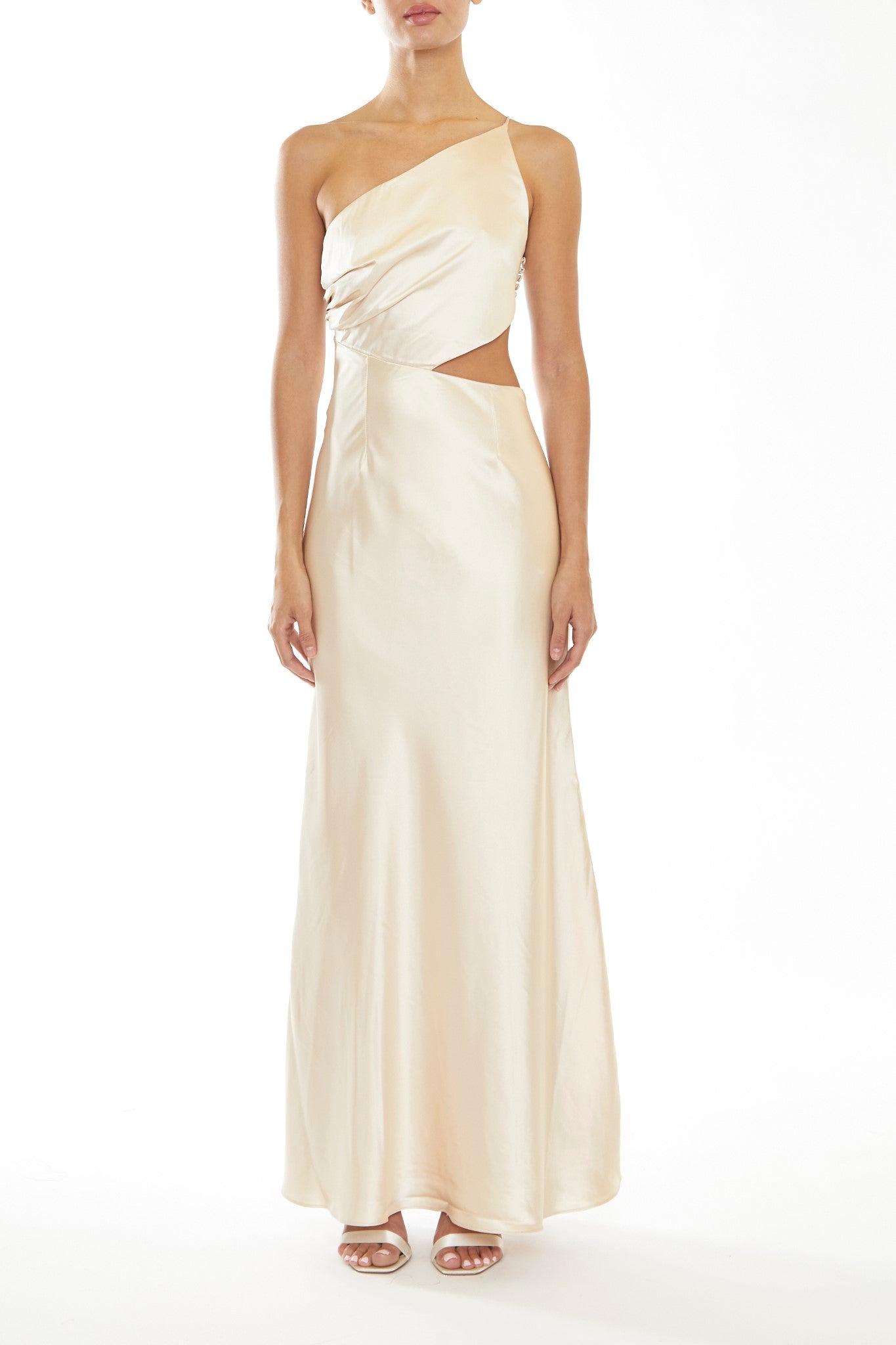 Elena Pale-Stone Asymmetric Cut-Out Satin Bridesmaid Maxi-Dress-image-1