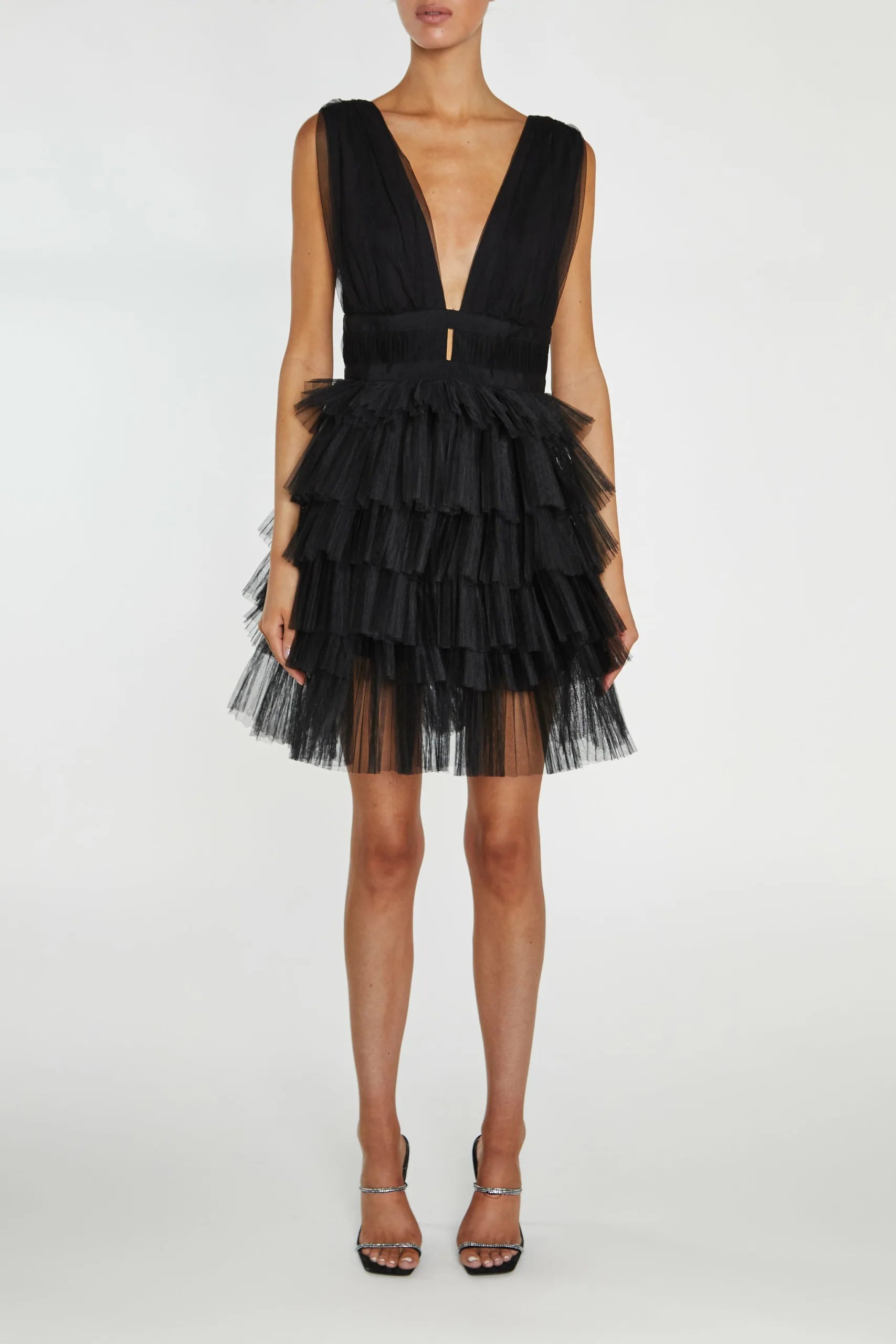 True Decadence Elle Black Plunge Front Tiered Tulle Mini Dress