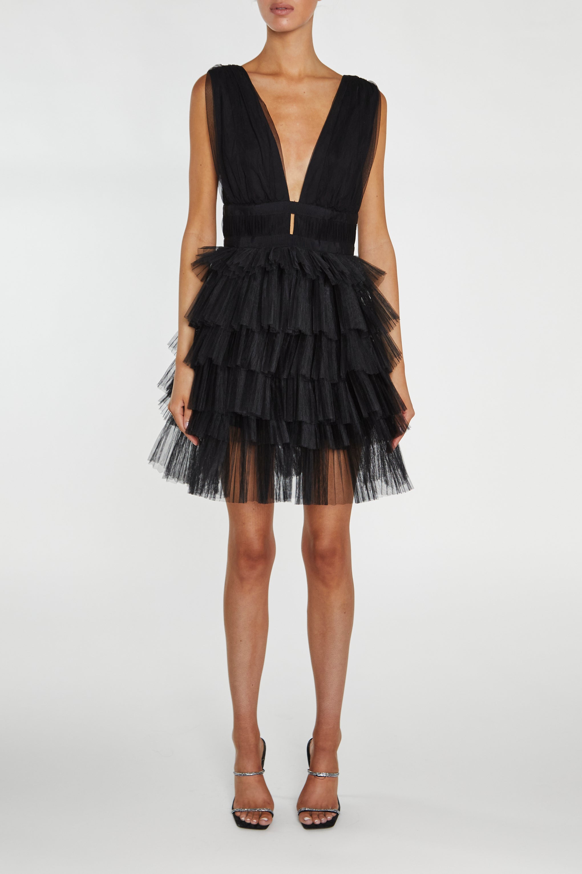 Elle Black Plunge-Front Tiered Tulle Mini-Dress-image-1
