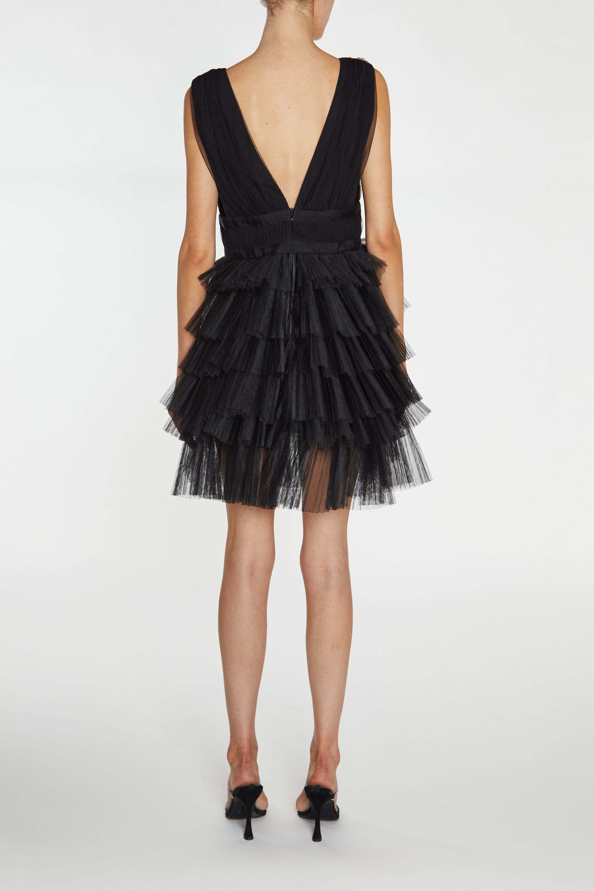 Elle Black Plunge-Front Tiered Tulle Mini-Dress-image-2