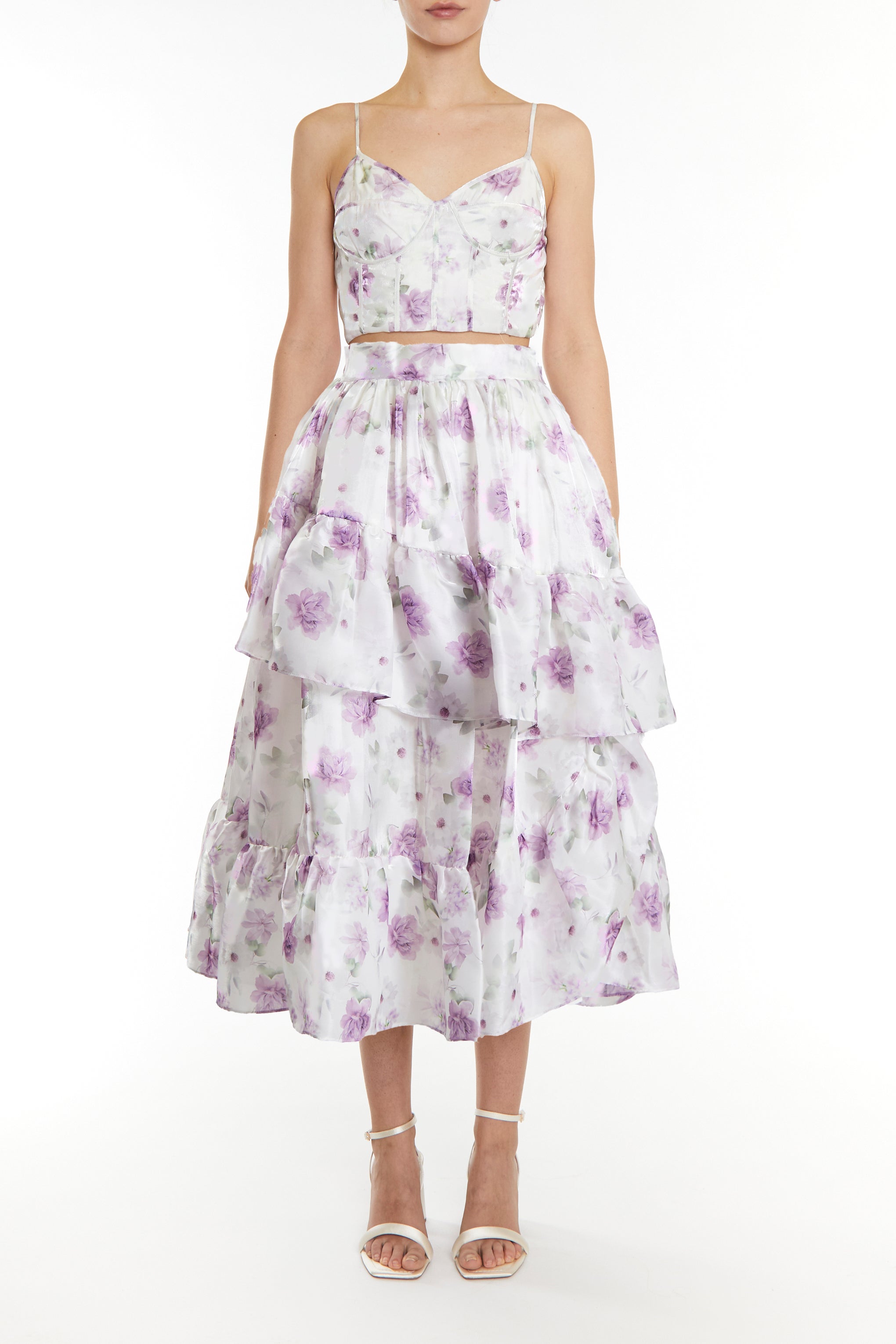 Joelle Co-ord Lilac Floral Organza Asymmetric Ruffle Midi Skirt-image-1