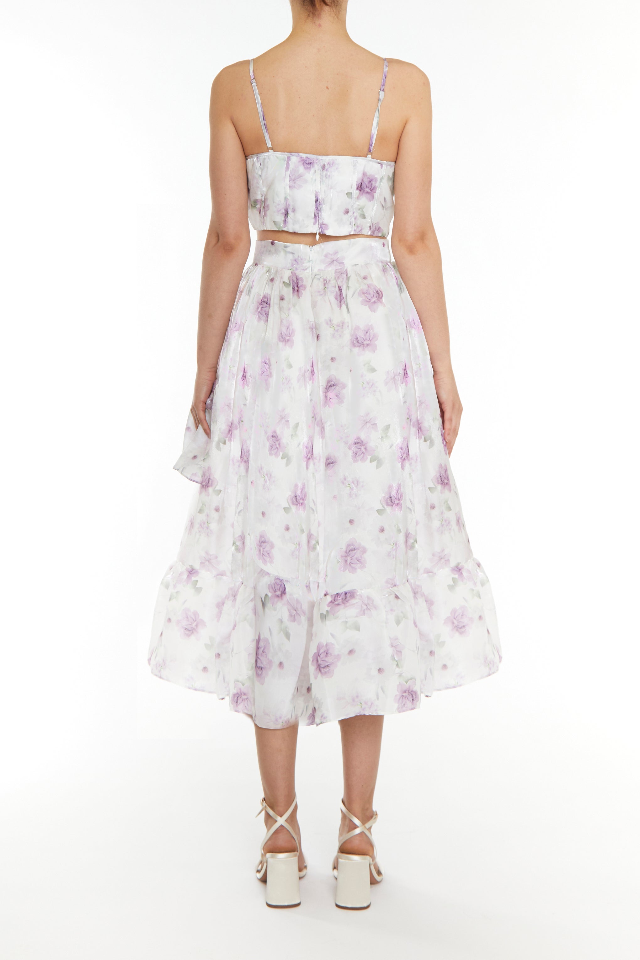 Joelle Co-ord Lilac Floral Organza Asymmetric Ruffle Midi Skirt-image-2