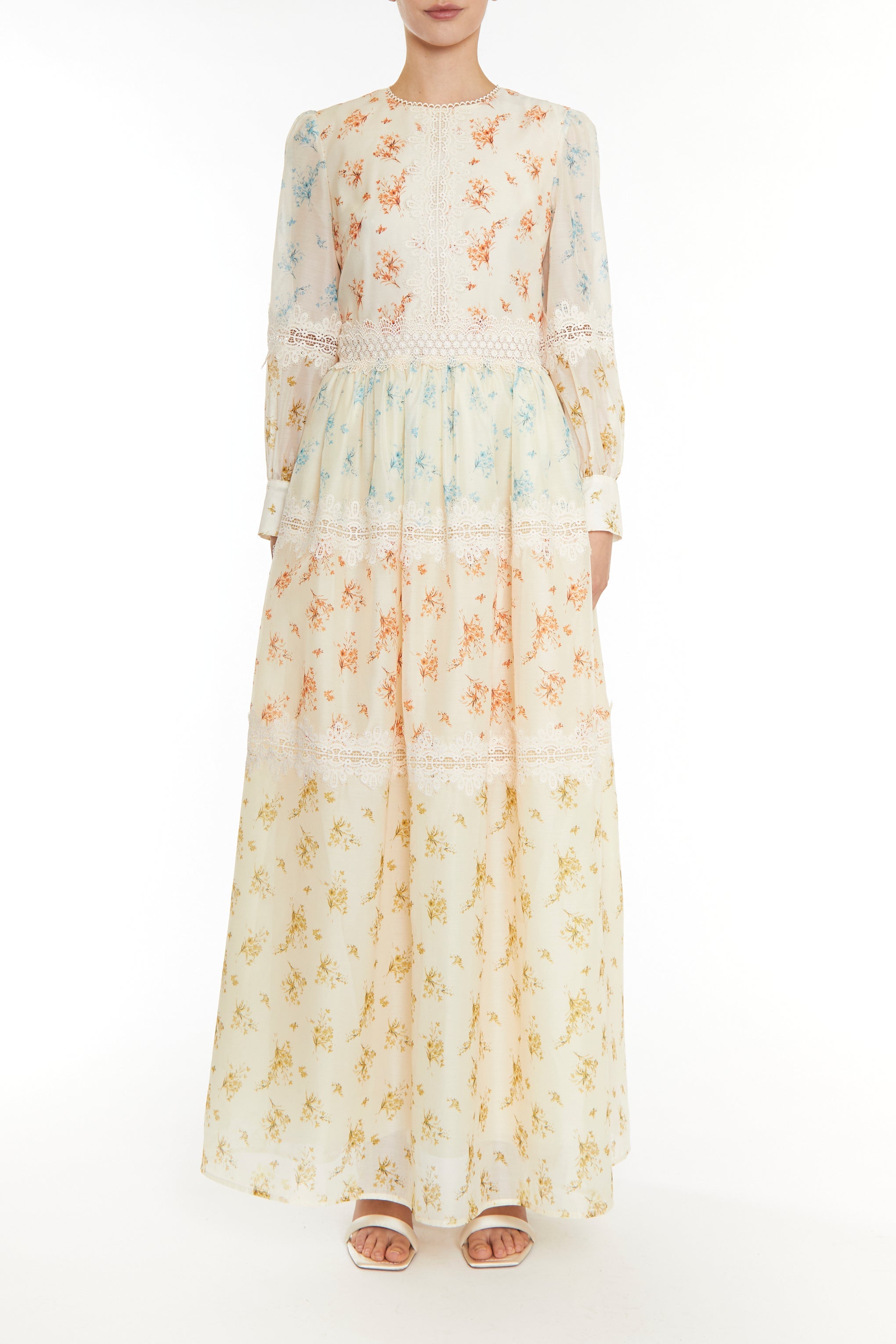 Joanna Cream Patchwork Floral Long Sleeve Maxi Dress-image-1