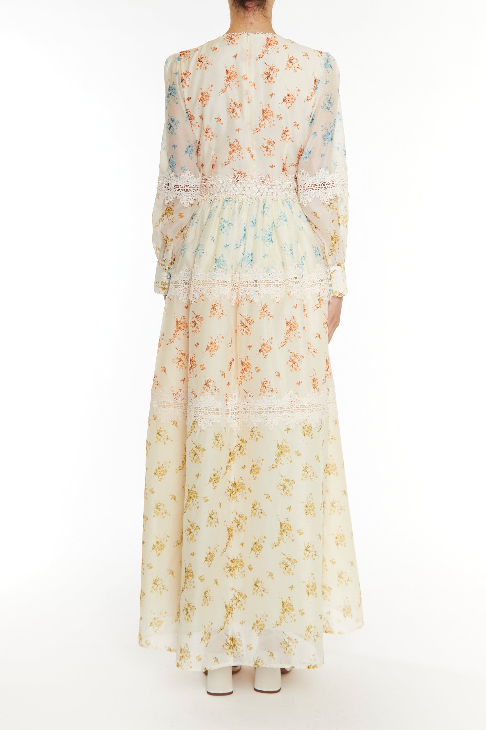 Joanna Cream Patchwork Floral Long Sleeve Maxi Dress-image-2