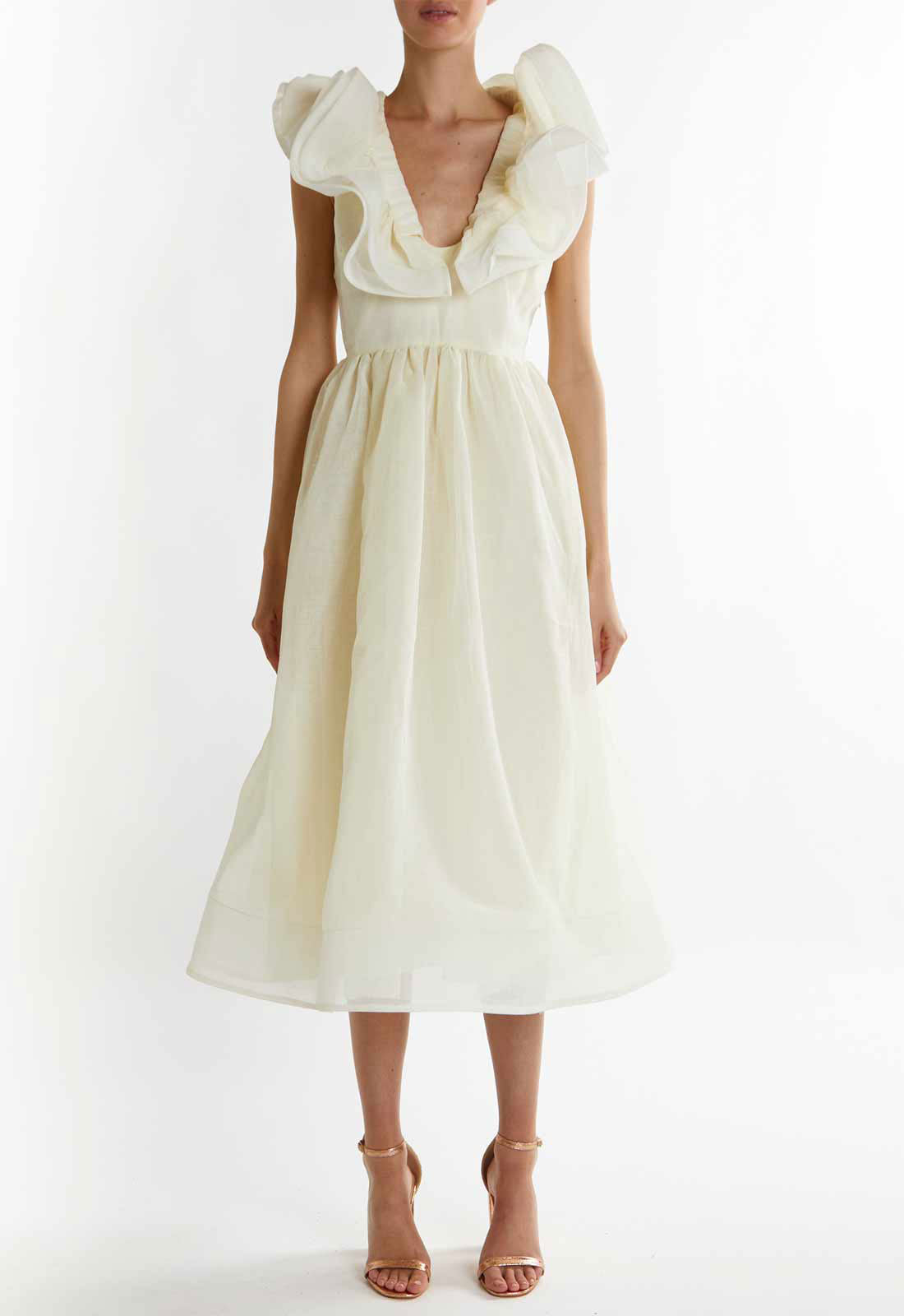 True Decadence Soft-Yellow Peyton Ruffle Midi Dress