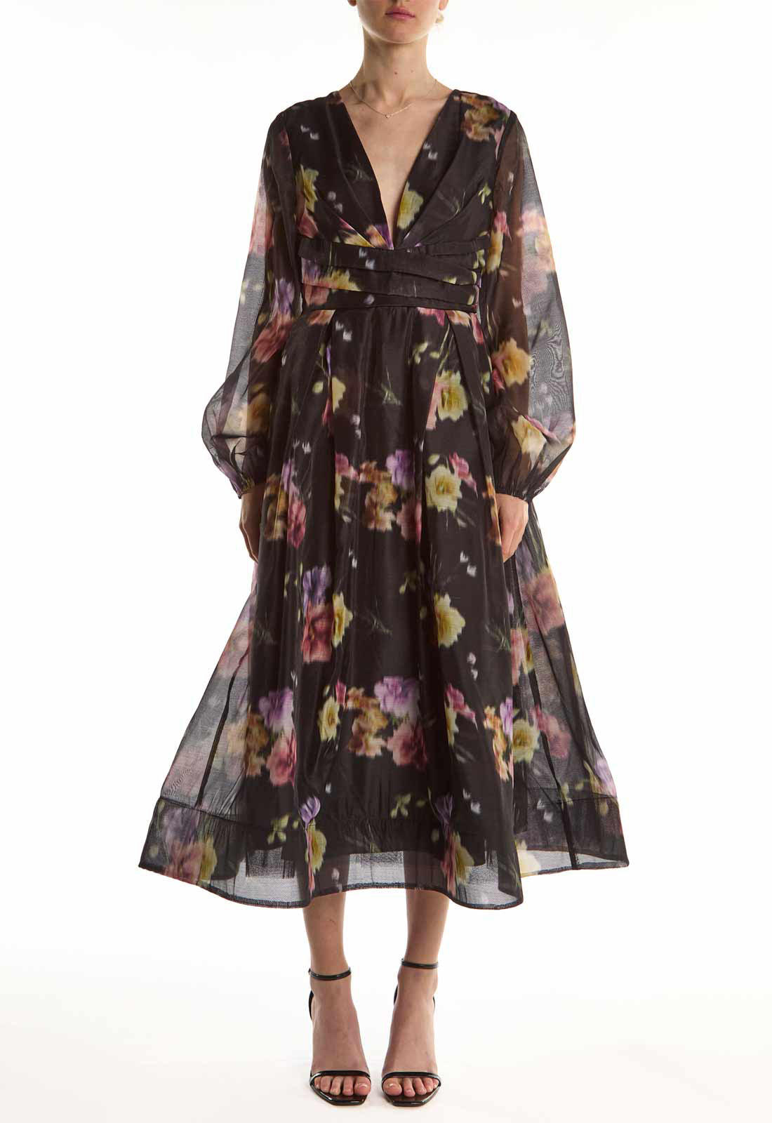 True Decadence Black Blur Flower Long-Sleeve V-Neck Midi Dress